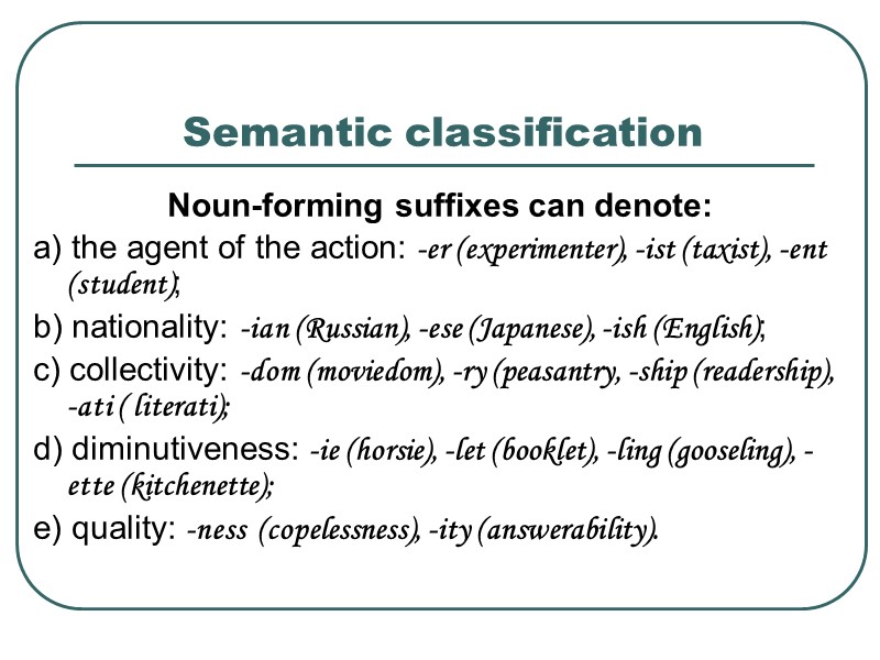Semantic classification  Noun-forming suffixes can denote: a) the agent of the action: -er